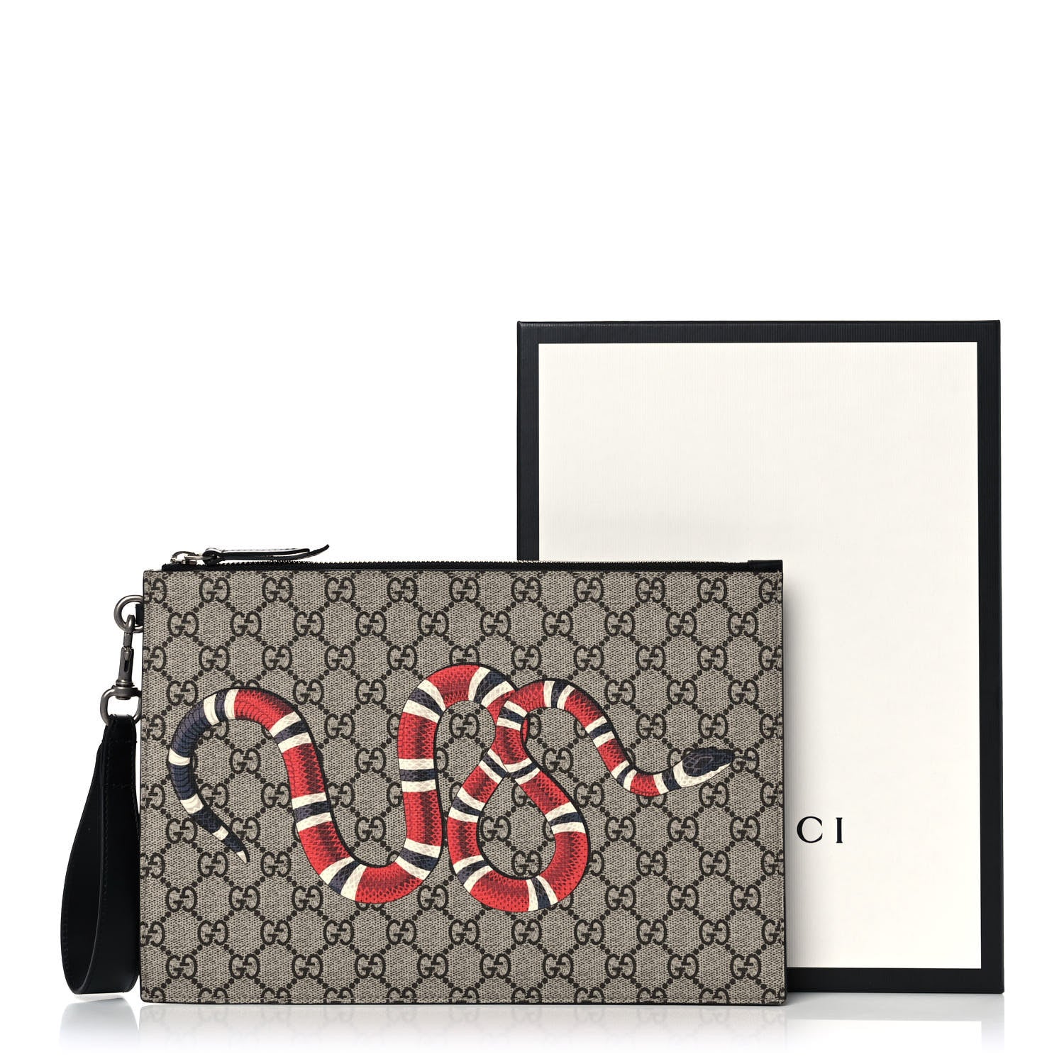 Gucci GG Supreme Monogram Kingsnake Zip Wristlet Pouch Beige Black 9 of 9