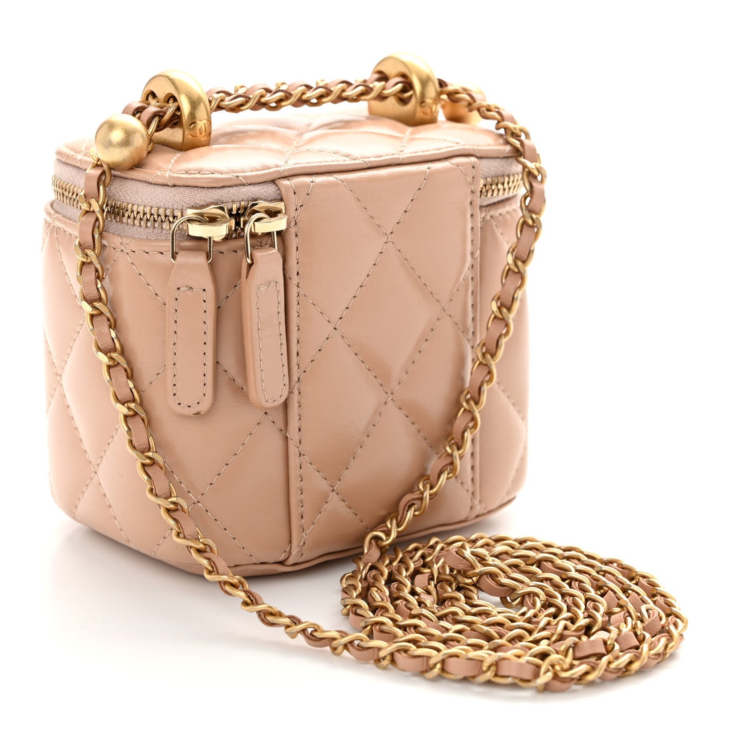 Calfskin Quilted Mini Perfect Fit Vanity Case With Chain Beige