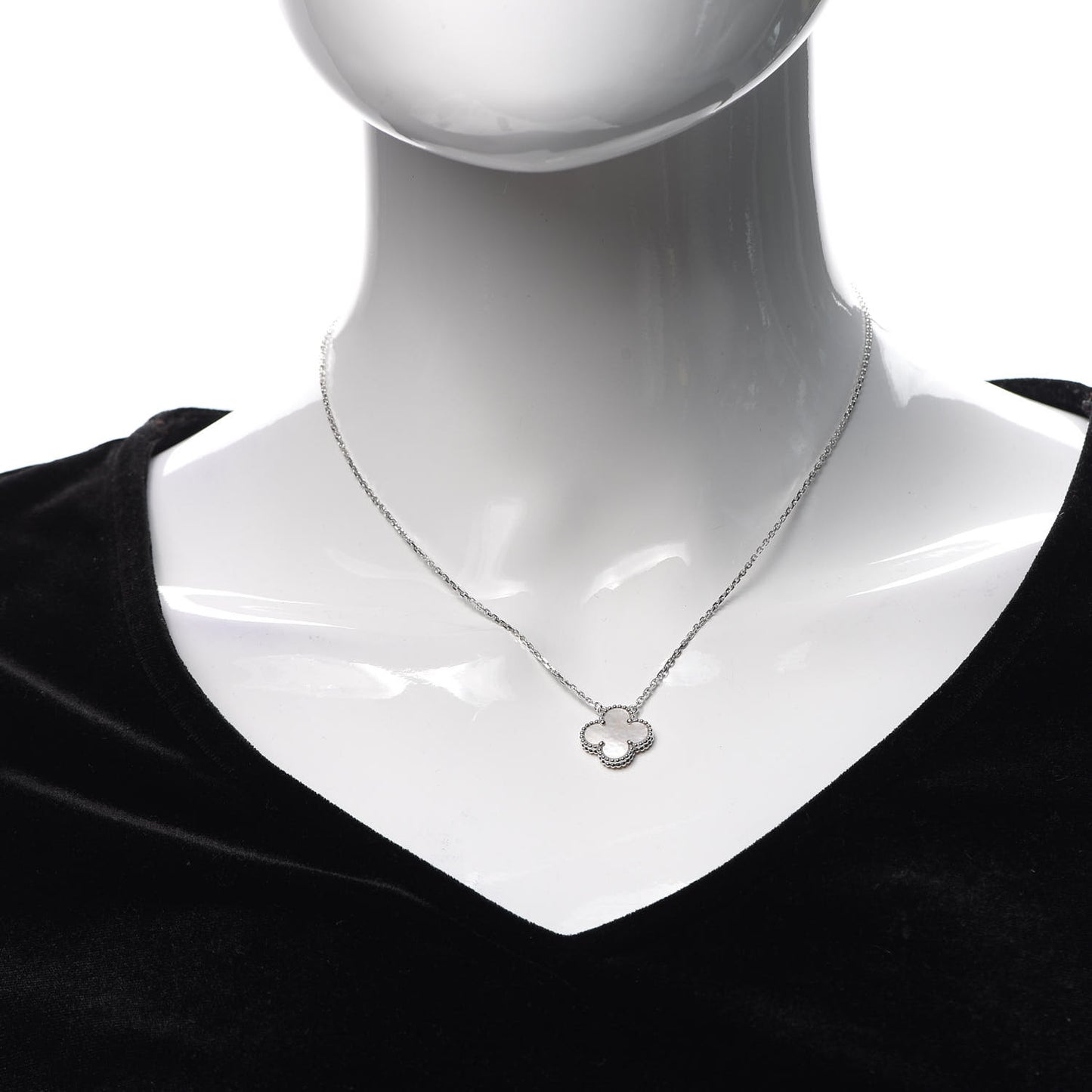 18K White Gold Mother of Pearl Vintage Alhambra Pendant Necklace