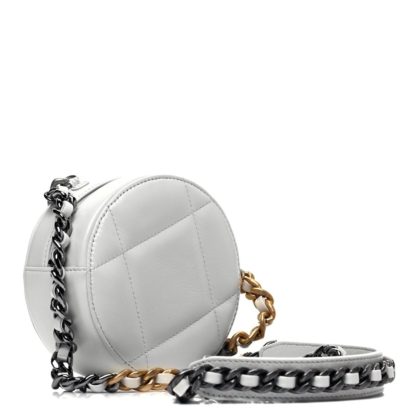 Goatskin Quilted Chanel 19 Round Clutch With Chain White
