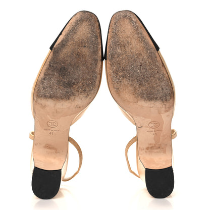 Chanel Goatskin Grosgrain Cap Toe CC Slingback Pumps 41 Beige Black 6 of 9