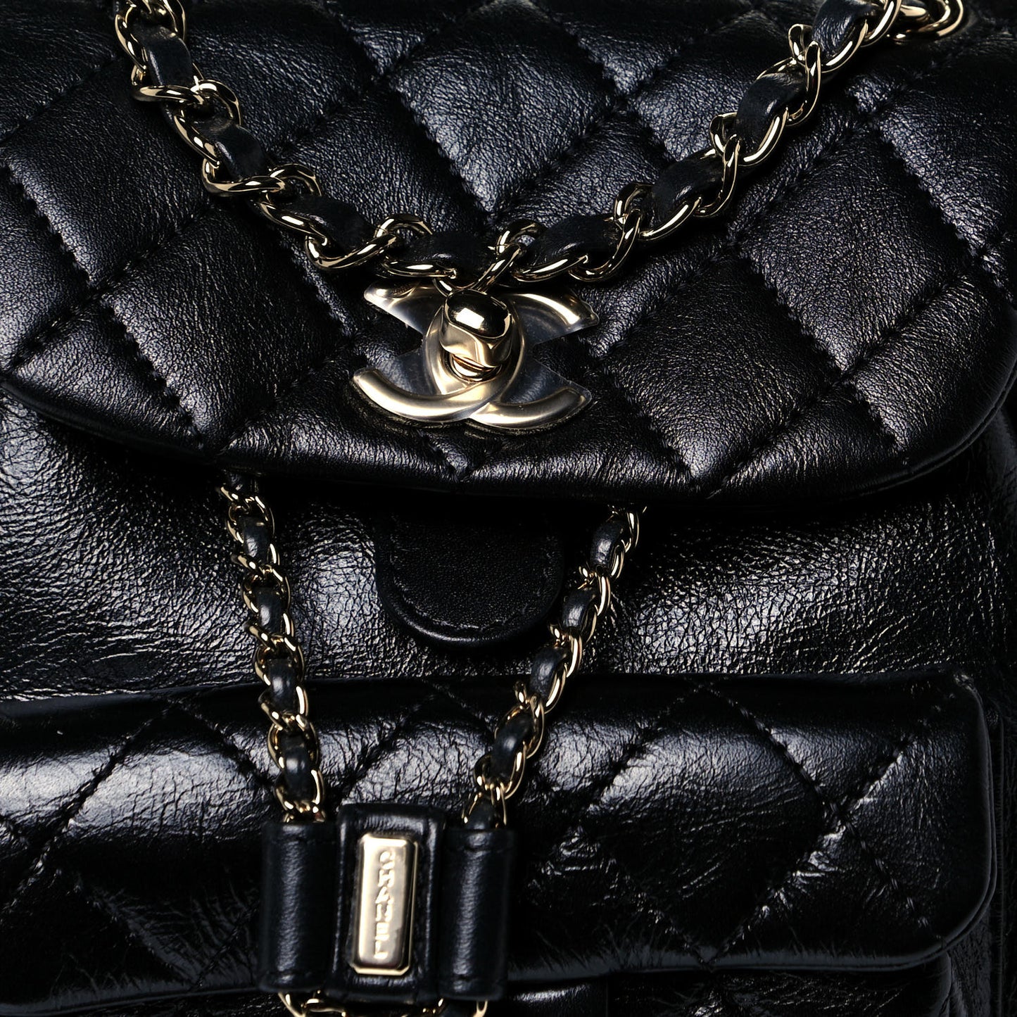 Glazed Aged Calfskin Quilted Small Duma Drawstring Backpack Black