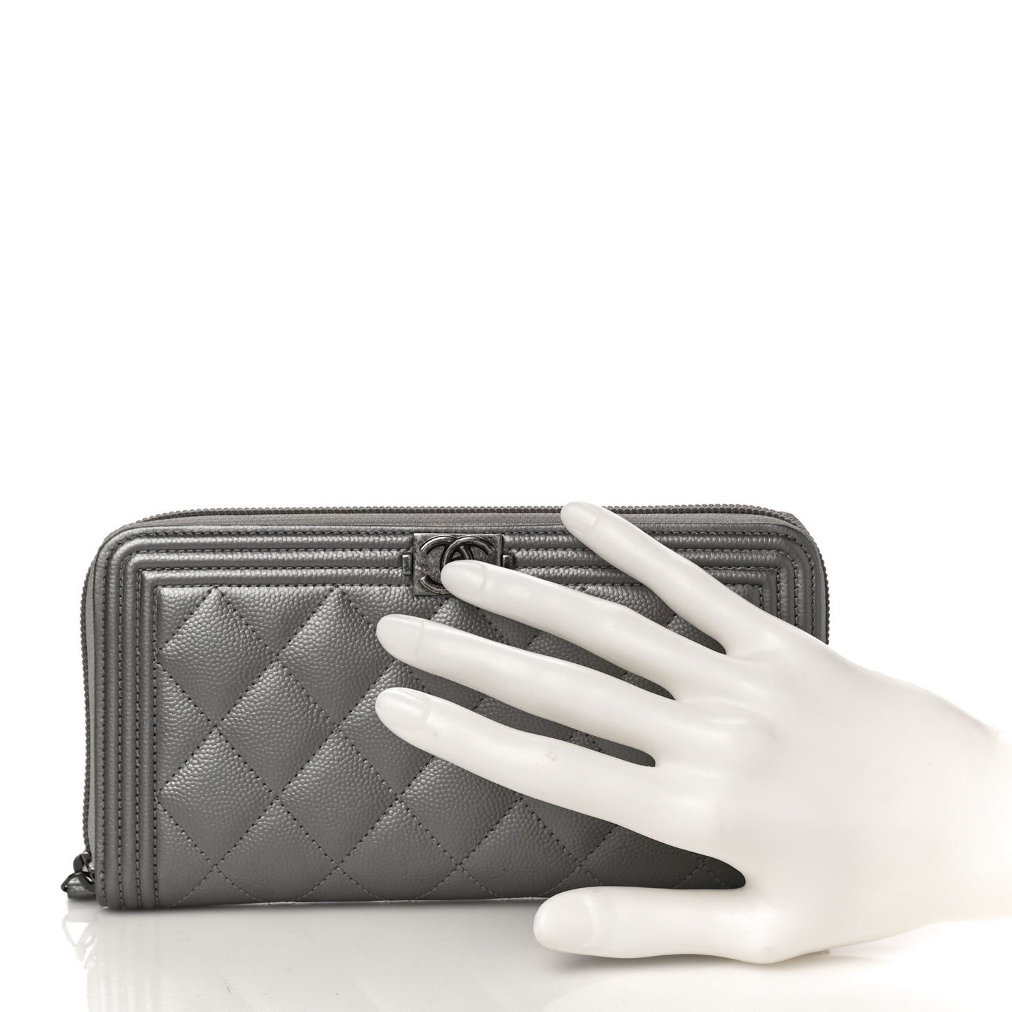 Metallic Caviar Quilted Boy Zip Around Wallet Silver