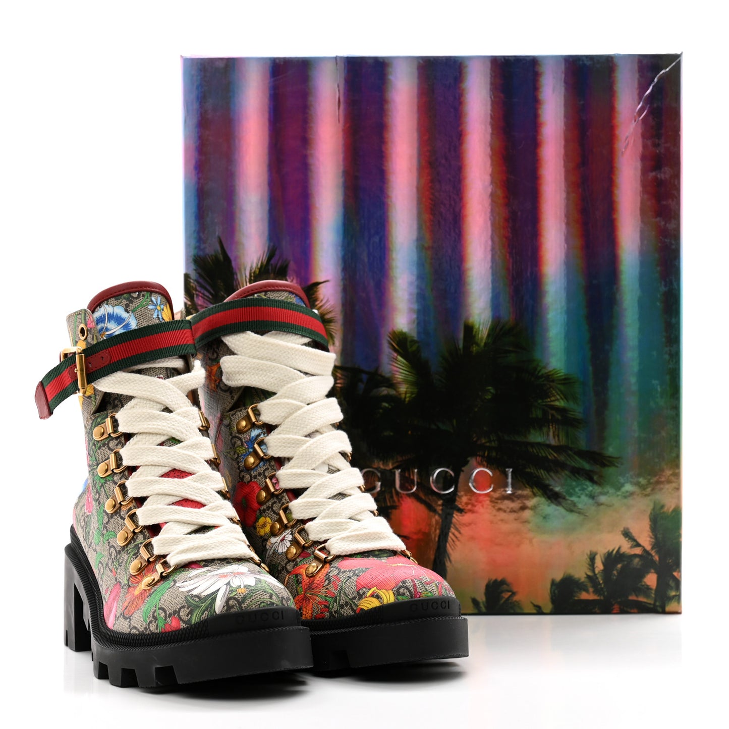 GG Supreme Monogram Flora Lace Up Combat Ankle Boots 37.5 Beige Multicolor Red