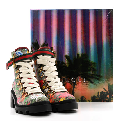 Gucci GG Supreme Monogram Flora Lace Up Combat Ankle Boots 37.5 Beige Multicolor Red 10 of 10