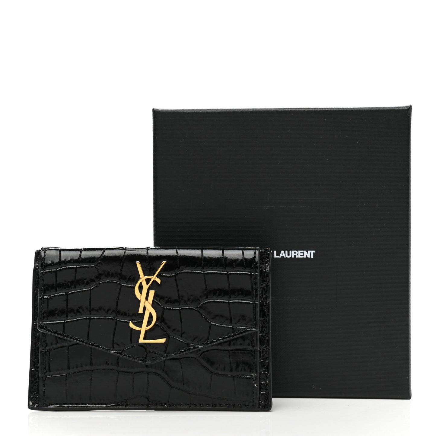 Calfskin Crocodile Embossed Uptown Monogram Card Case Black