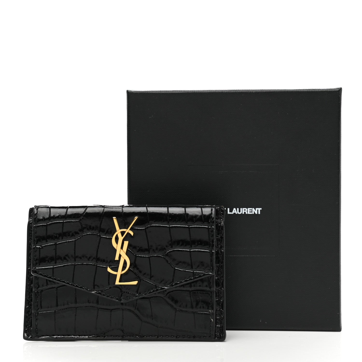 Saint Laurent Calfskin Crocodile Embossed Uptown Monogram Card Case Black 9 of 9