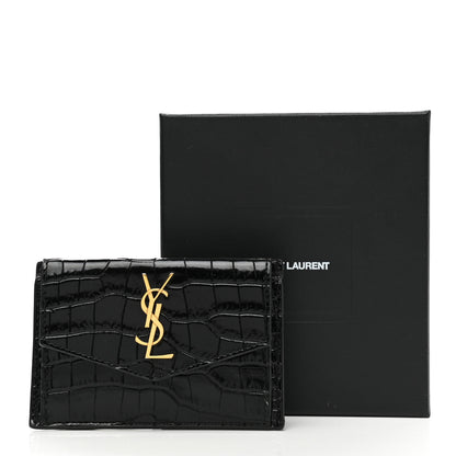 Saint Laurent Calfskin Crocodile Embossed Uptown Monogram Card Case Black 9 of 9