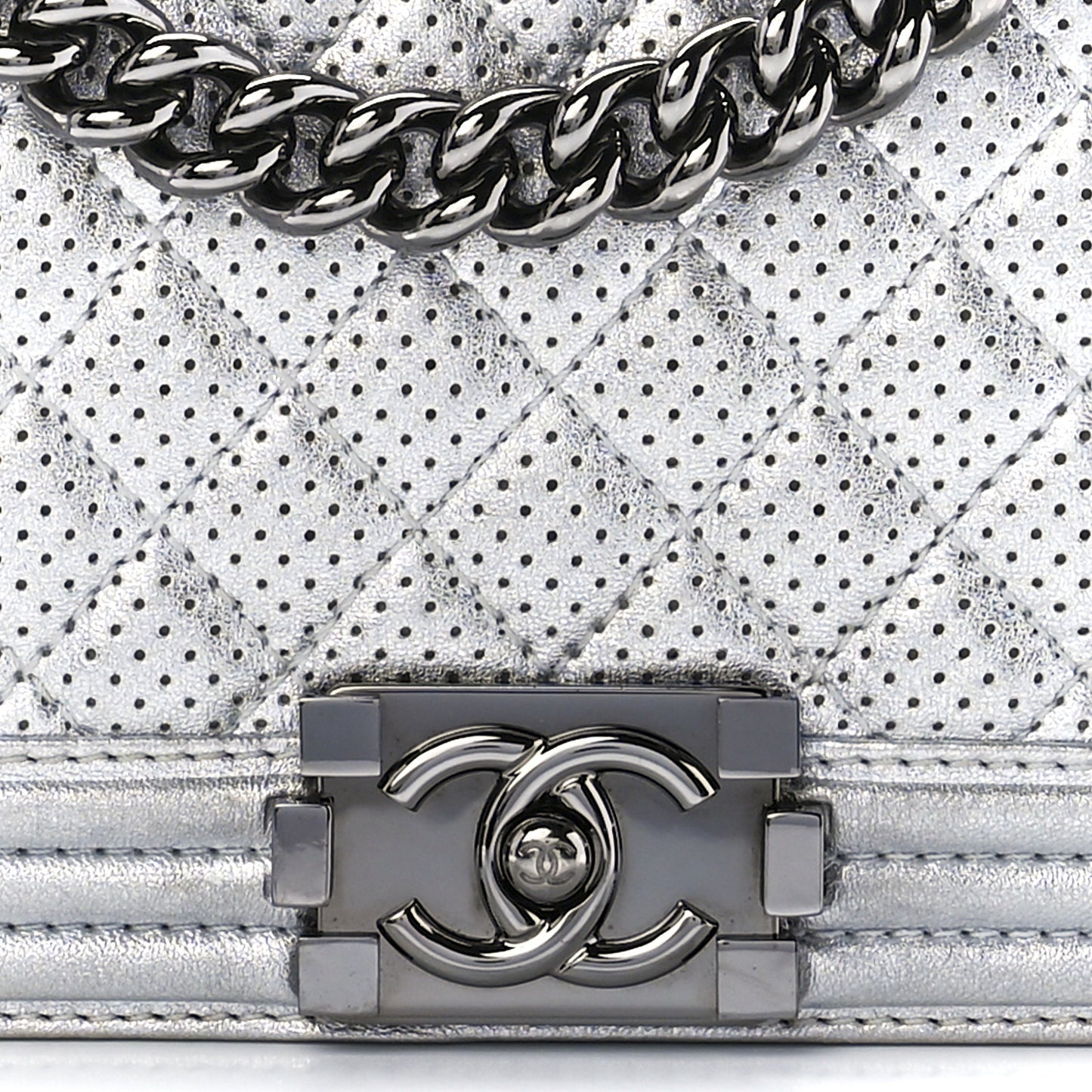 Metallic Perforated Lambskin Quilted Medium Boy Flap Argent