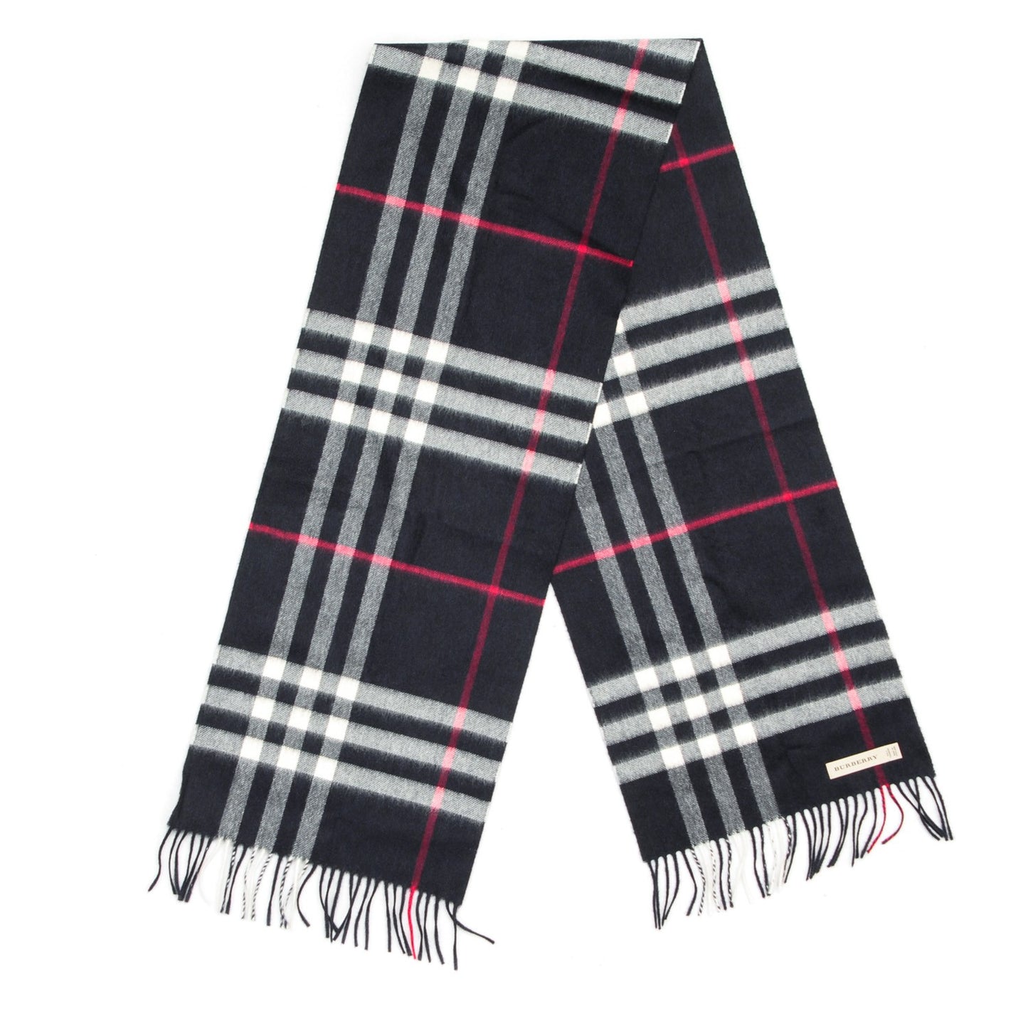Cashmere Giant Check Fringe Scarf Navy