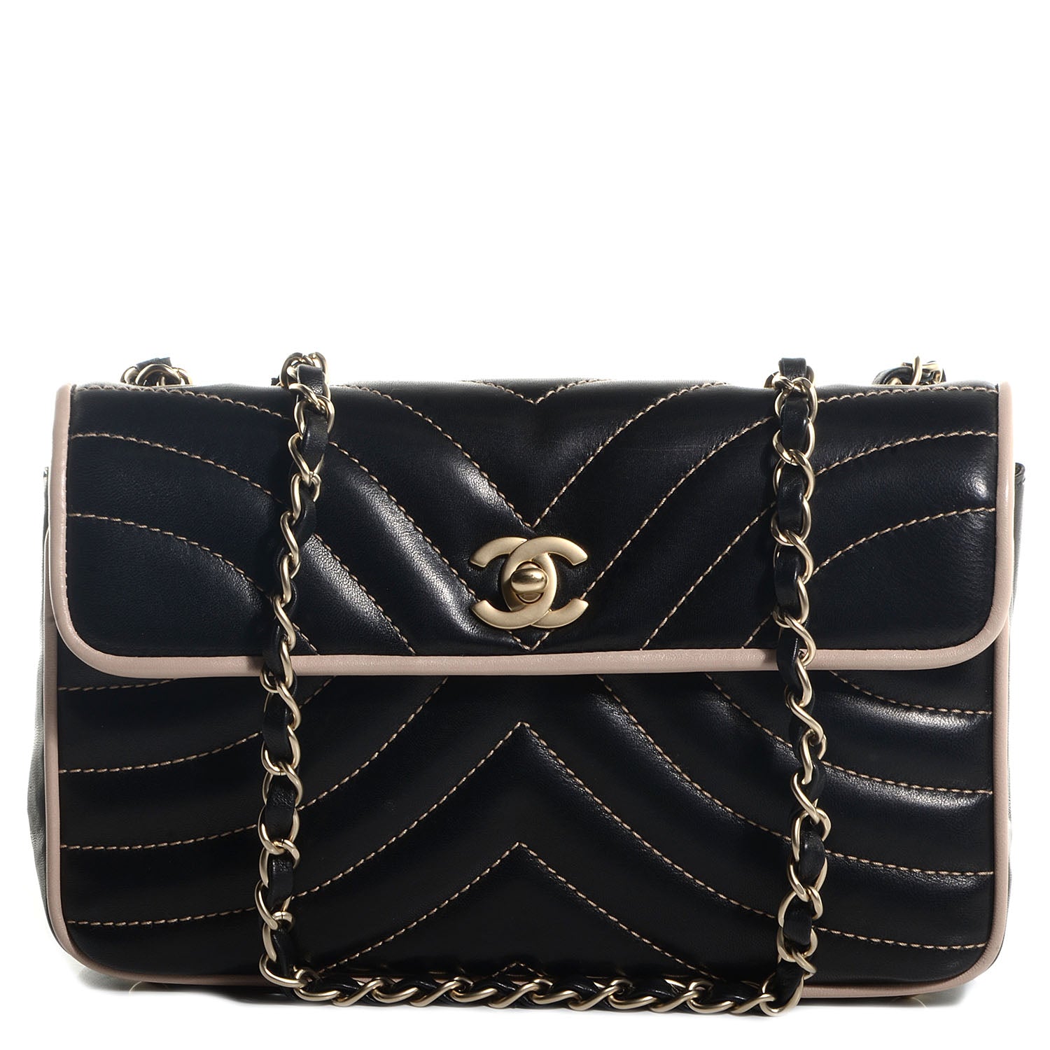 Chanel Lambskin Small Chevron Single Flap Black Beige 1 of 9