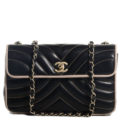 Chanel Lambskin Small Chevron Single Flap Black Beige 1 of 9