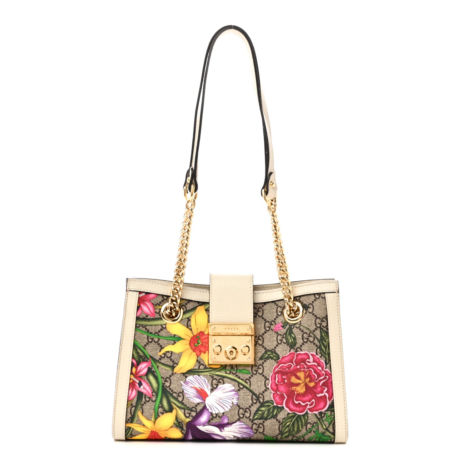 Gucci GG Supreme Monogram Flora Textured Calfskin Small Padlock Tote Beige Ebony Multicolor Mystic White 1 of 10