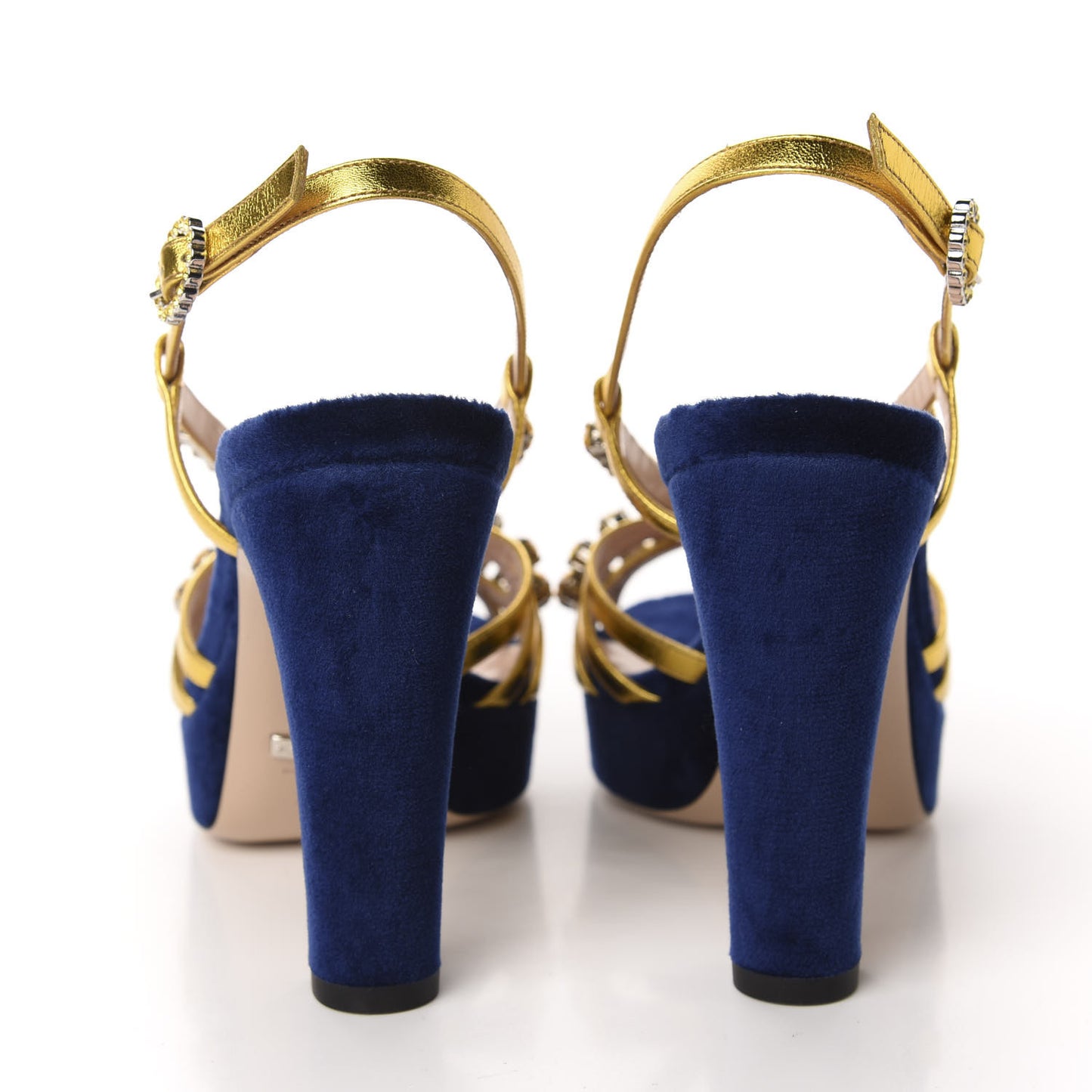 Velvet Nappa Crystal Zephyra Slingback Platform High Heel Sandals 35.5 Blue Gold
