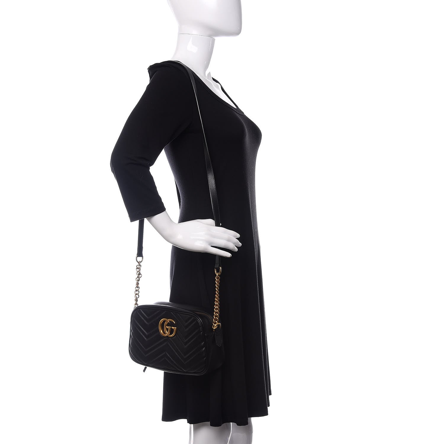 Gucci Calfskin Matelasse Small GG Marmont Chain Shoulder Bag Black 2 of 11
