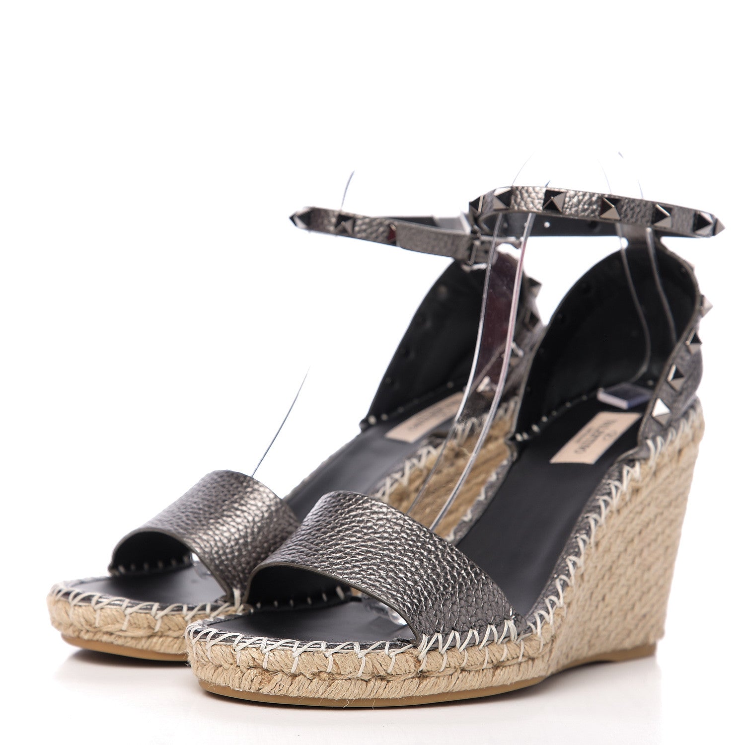 Valentino Garavani Metallic Grained Calfskin Rockstud Ankle Strap Espadrille 15/105mm Wedge Sandals 41 Rutenio Natural 3 of 8
