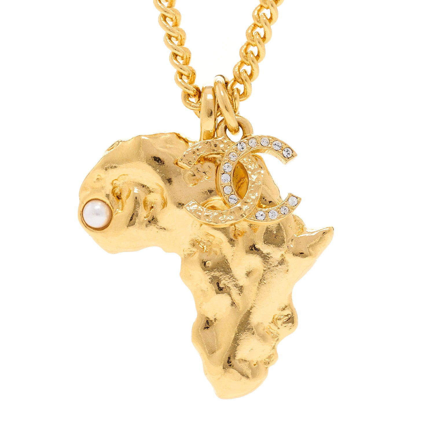 Chanel Crystal Pearl CC Africa Pendant Necklace Gold White 4 of 6
