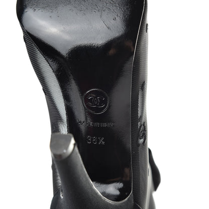 Chanel Mesh Grosgrain Bow Peep Toe Mid Calf Boots 38.5 Black 9 of 13