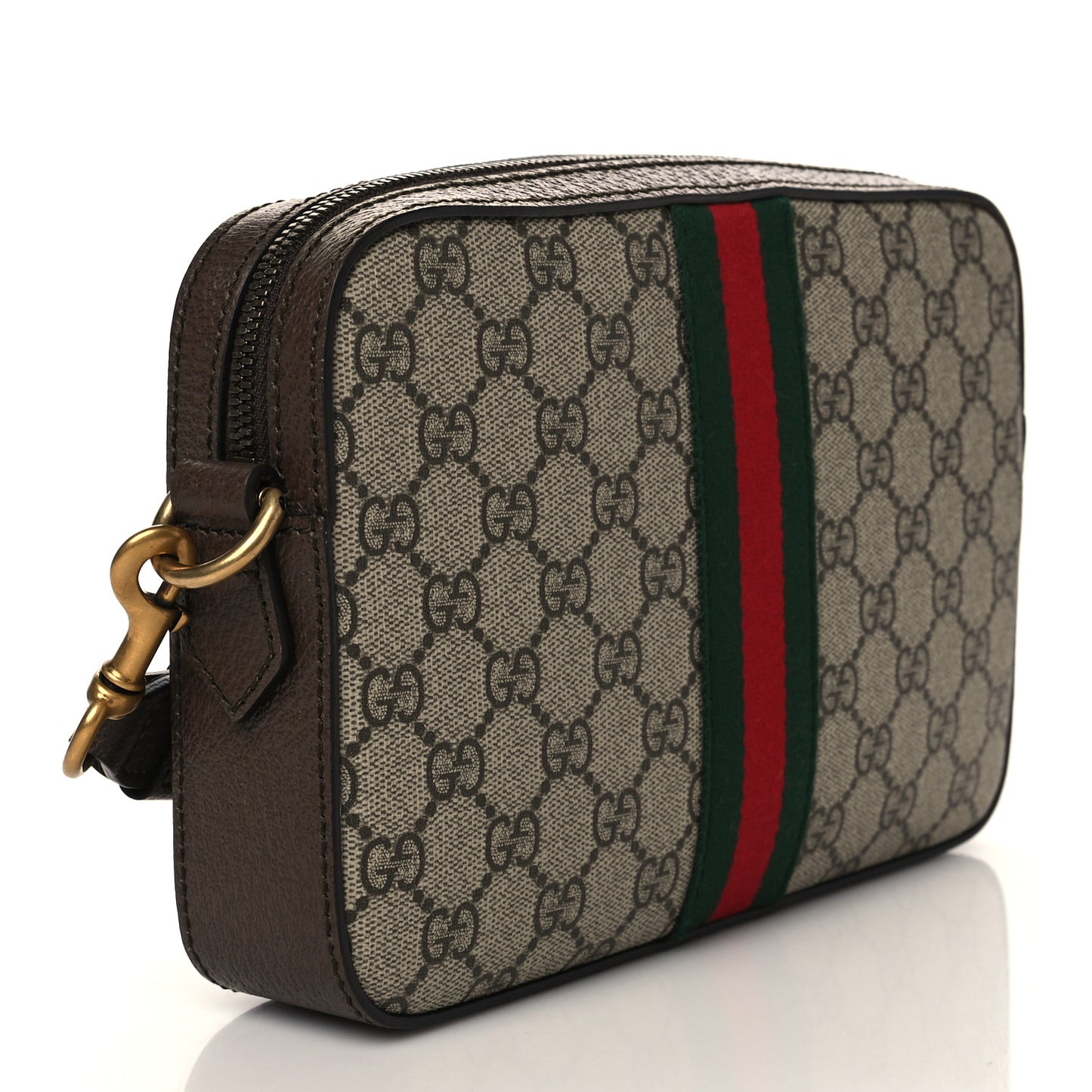 GG Supreme Monogram Textured Dollar Calfskin Web Ophidia Wristlet Shoulder Bag Beige Ebony New Acero