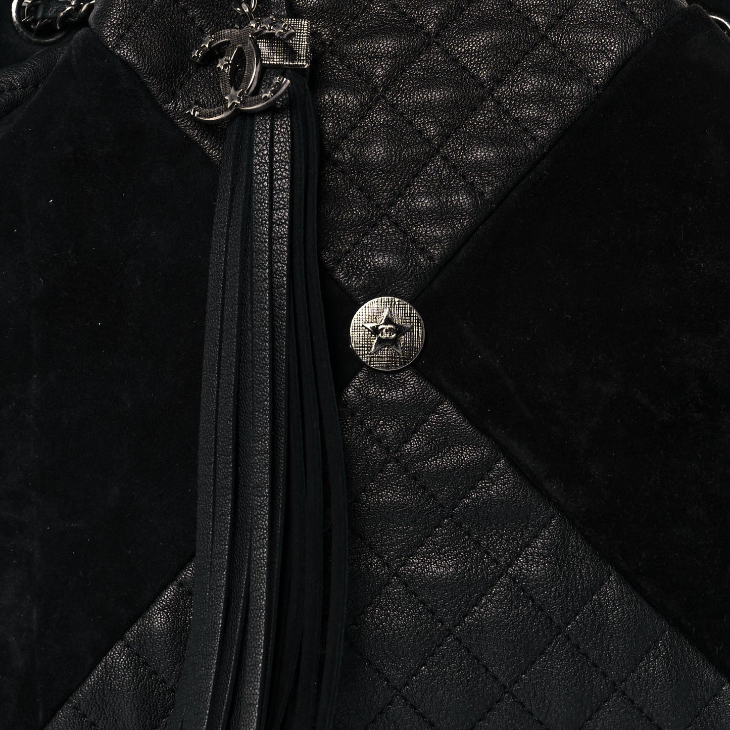 Goatskin Suede Calfskin Quilted Patchwork Drawstring Bag Black
