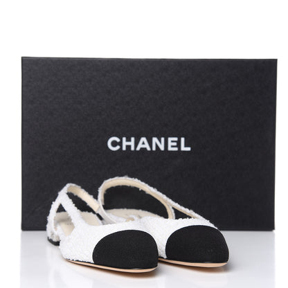 Chanel Tweed Cap Toe CC Slingback Flat 37 White Black 9 of 9