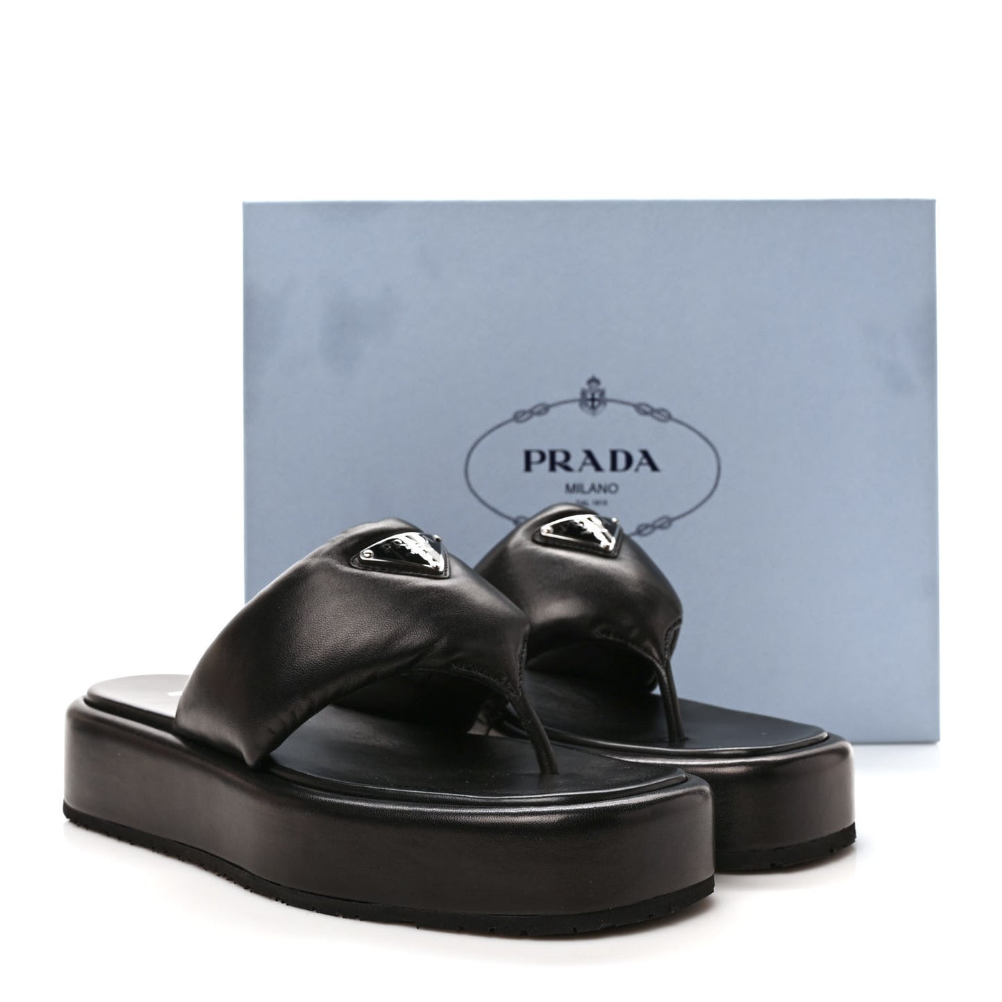 Nappa Soft Padded Metal Triangle Logo 35mm Thong Sandals 40 Black