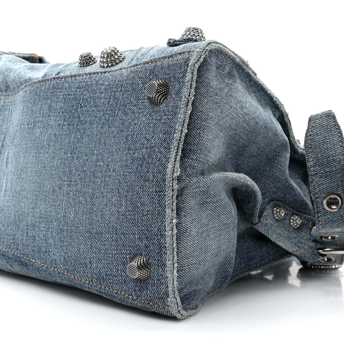 Washed Frayed Denim Crystal Neo Cagole City Handbag Blue