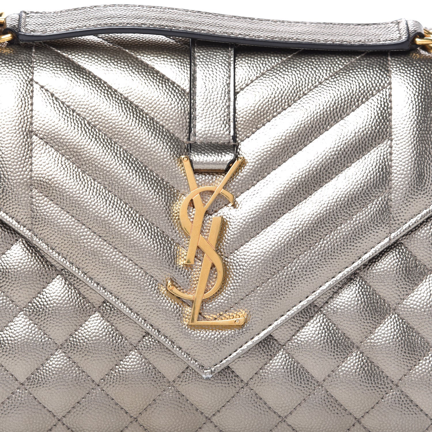 Saint Laurent Metallic Grain De Poudre Textured Mixed Matelasse Triquilt Medium Monogram Satchel Piombo 9 of 10