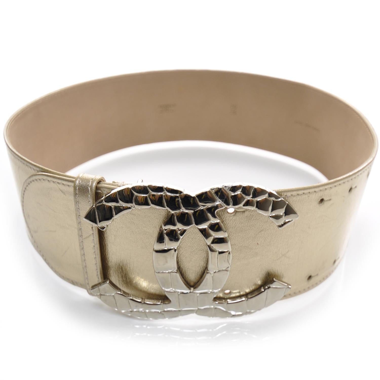 Chanel Wide Leather Silver CC Buckle Belt 70 28 Gold 1 of 1