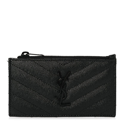 Saint Laurent Grain De Poudre Matelasse Chevron Monogram Fragments Zippered Card Case Black 1 of 8