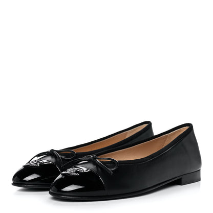 Chanel Lambskin Patent Cap Toe Ballerina Flats 37 Black 3 of 9