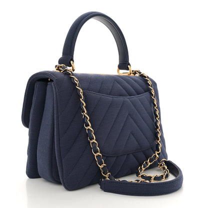 Chanel Jersey Chevron Quilted Small Trendy CC Dual Handle Flap Bag Navy Blue 3 of 11