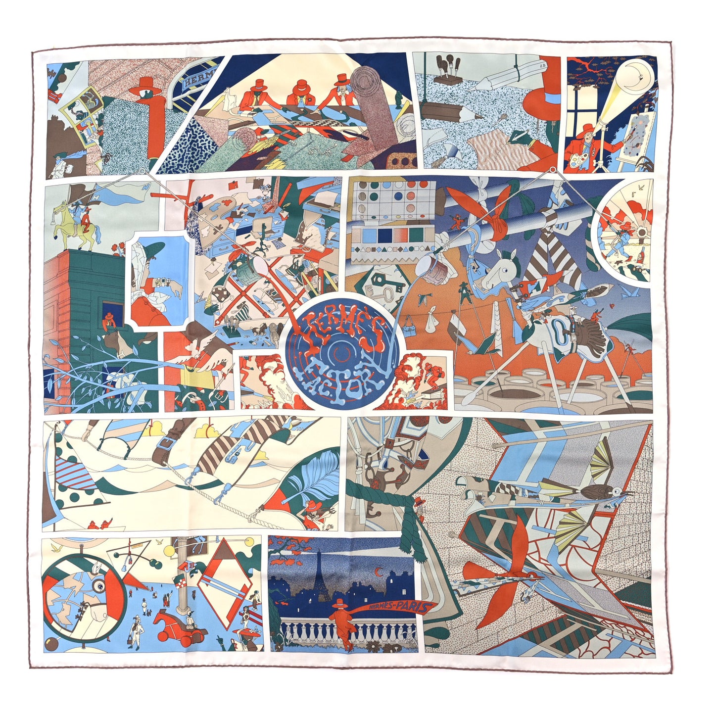 Silk Hermes Factory Double Face Scarf 90 Creme Blue Jean Vert