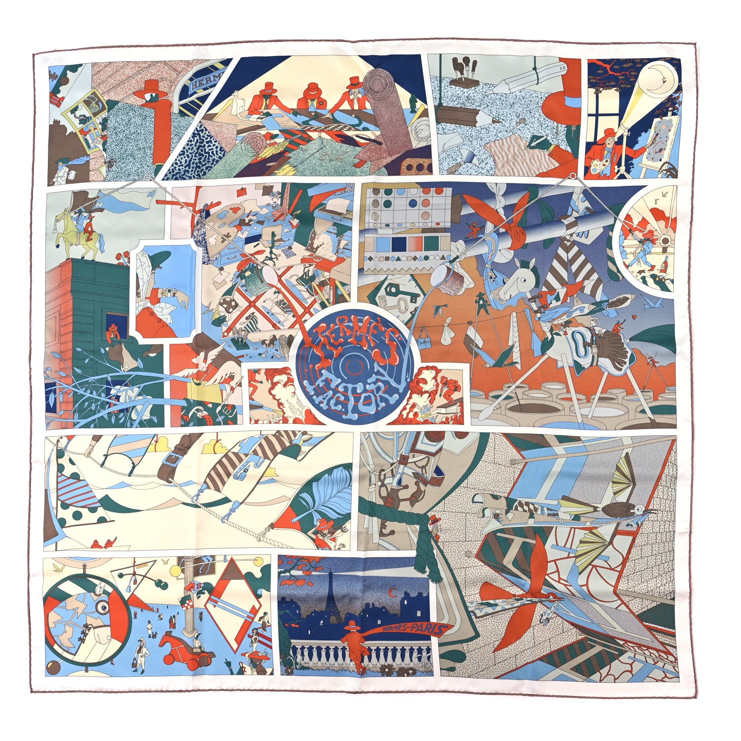 Hermes Silk Hermes Factory Double Face Scarf 90 Creme Blue Jean Vert 1 of 3
