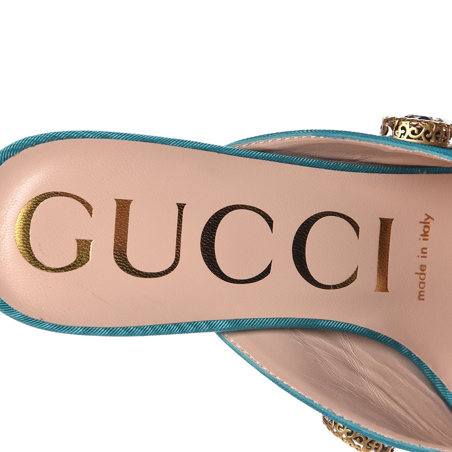 Gucci Moire Fabric Crystal Embellished Lyric Slide Sandals 36 TurquoIse 9 of 11