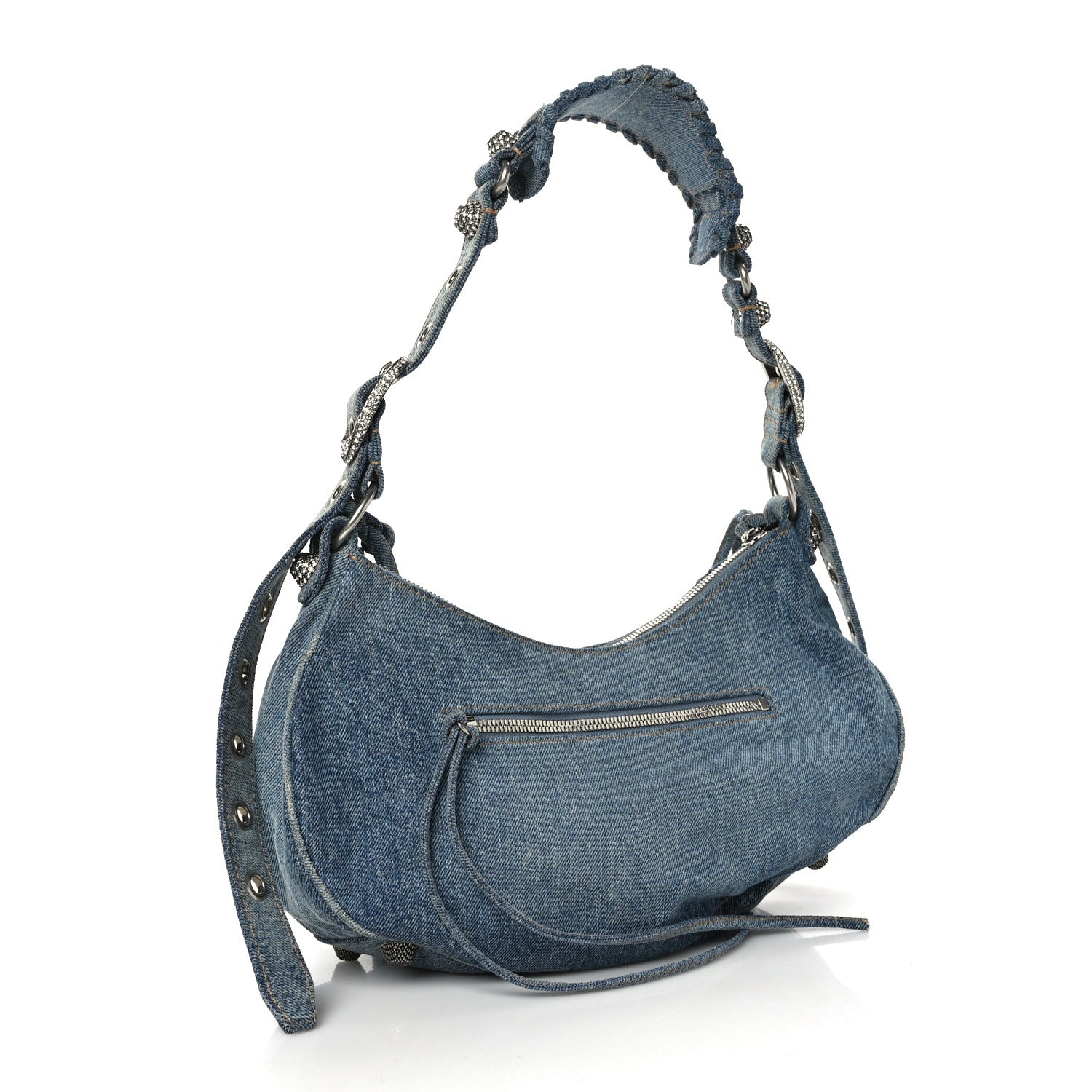 Balenciaga Washed Frayed Denim Crystal Small Le Cagole Shoulder Bag Blue 3 of 9