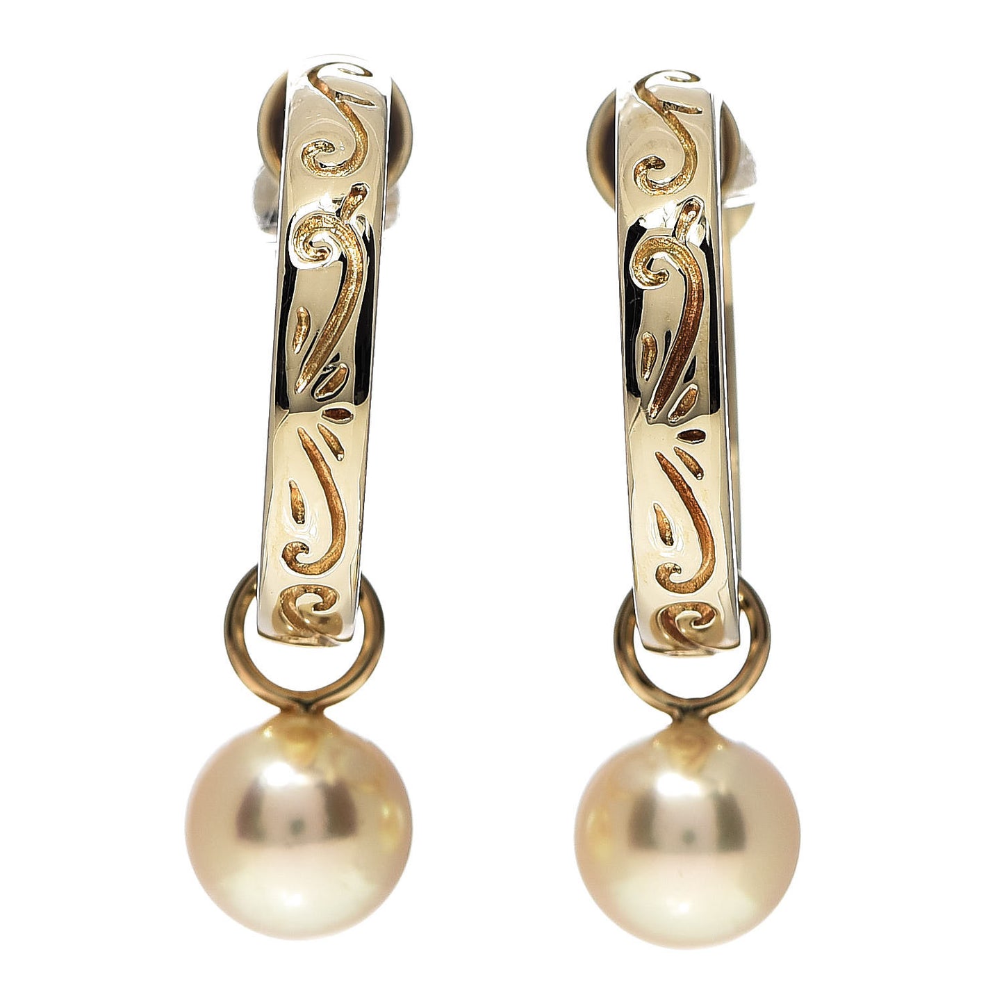 18K Yellow Gold Golden South Pearl 7mm Hoop Screw Back Earrings