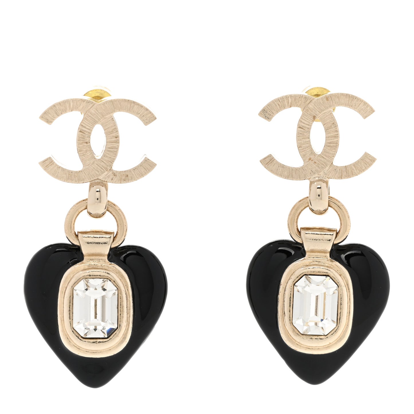 Resin Crystal CC Heart Drop Earrings Black Gold
