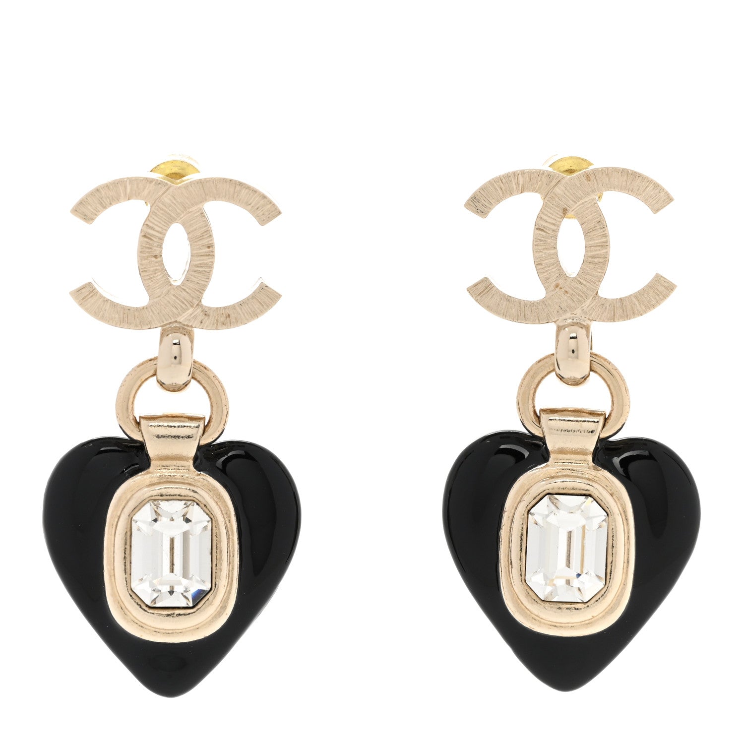 Chanel Resin Crystal CC Heart Drop Earrings Black Gold 1 of 5