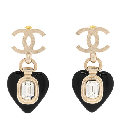 Chanel Resin Crystal CC Heart Drop Earrings Black Gold 1 of 5