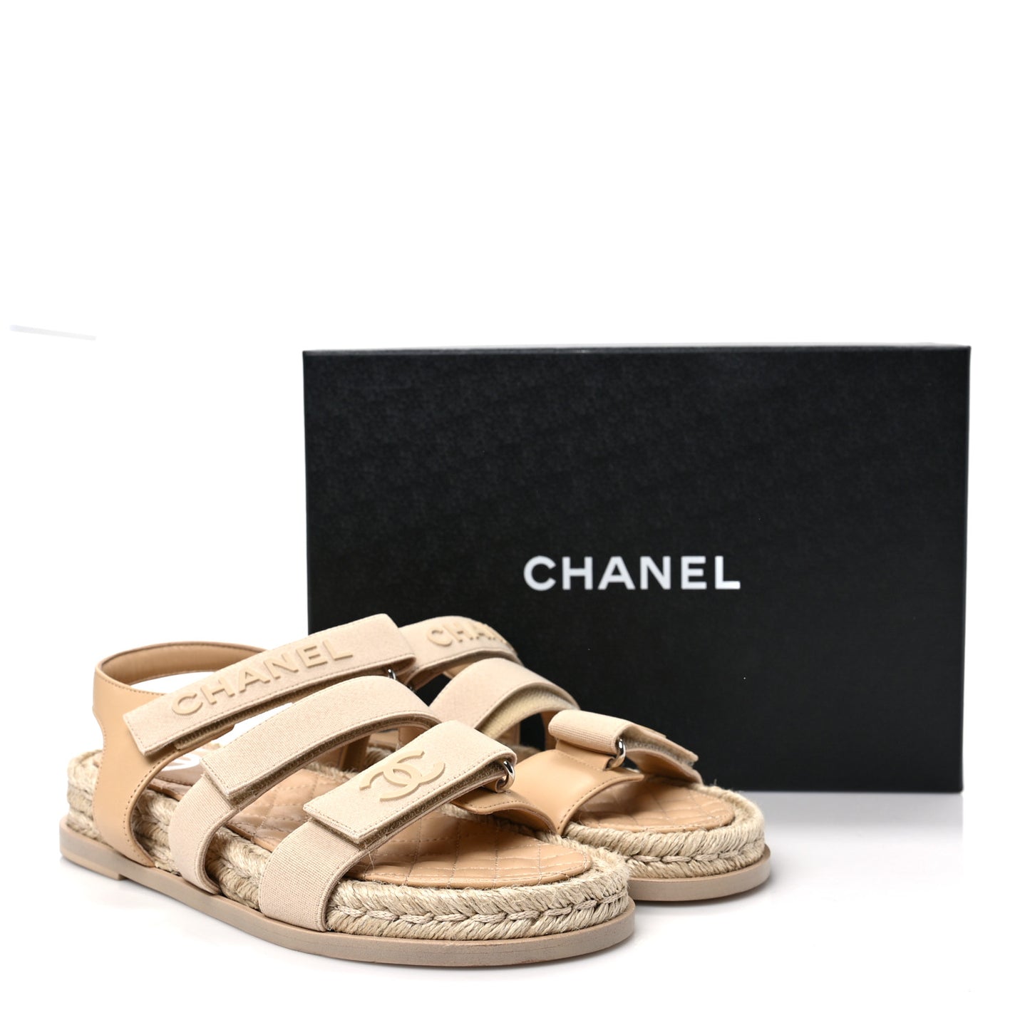 Stretch Fabric Lambskin CC Flat Sandals 37 Beige