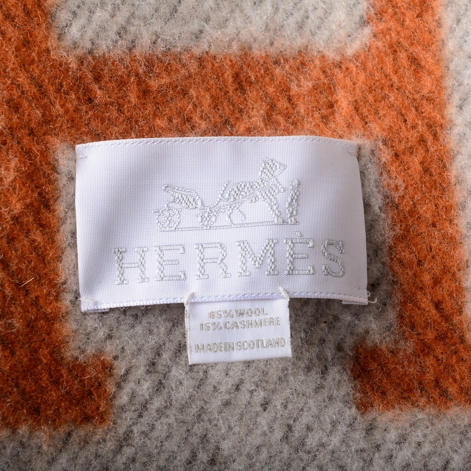 Hermes Wool Cashmere Signature Classic Avalon Blanket Ecru Potiron 4 of 5