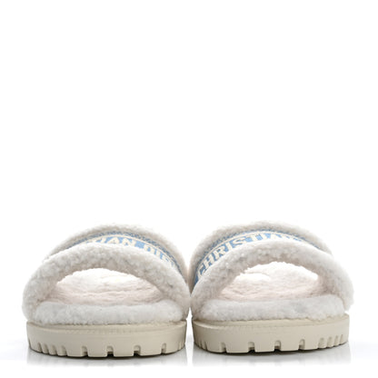 Christian Dior Shearling Canvas Embroidered Dway 10mm Slide Sandals 37.5 Natural Light Blue 3 of 10