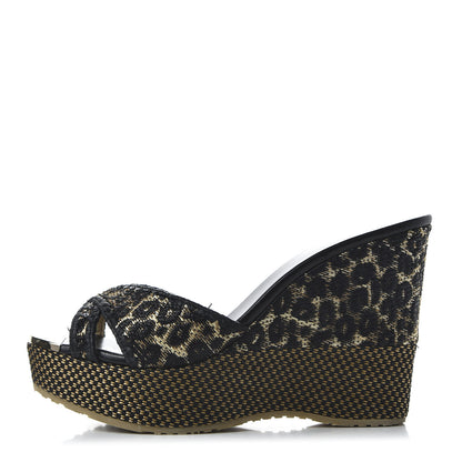 Jimmy Choo Woven Raffia Leopard Print Perfume Wedge Sandals 39.5 Natural Black 1 of 8
