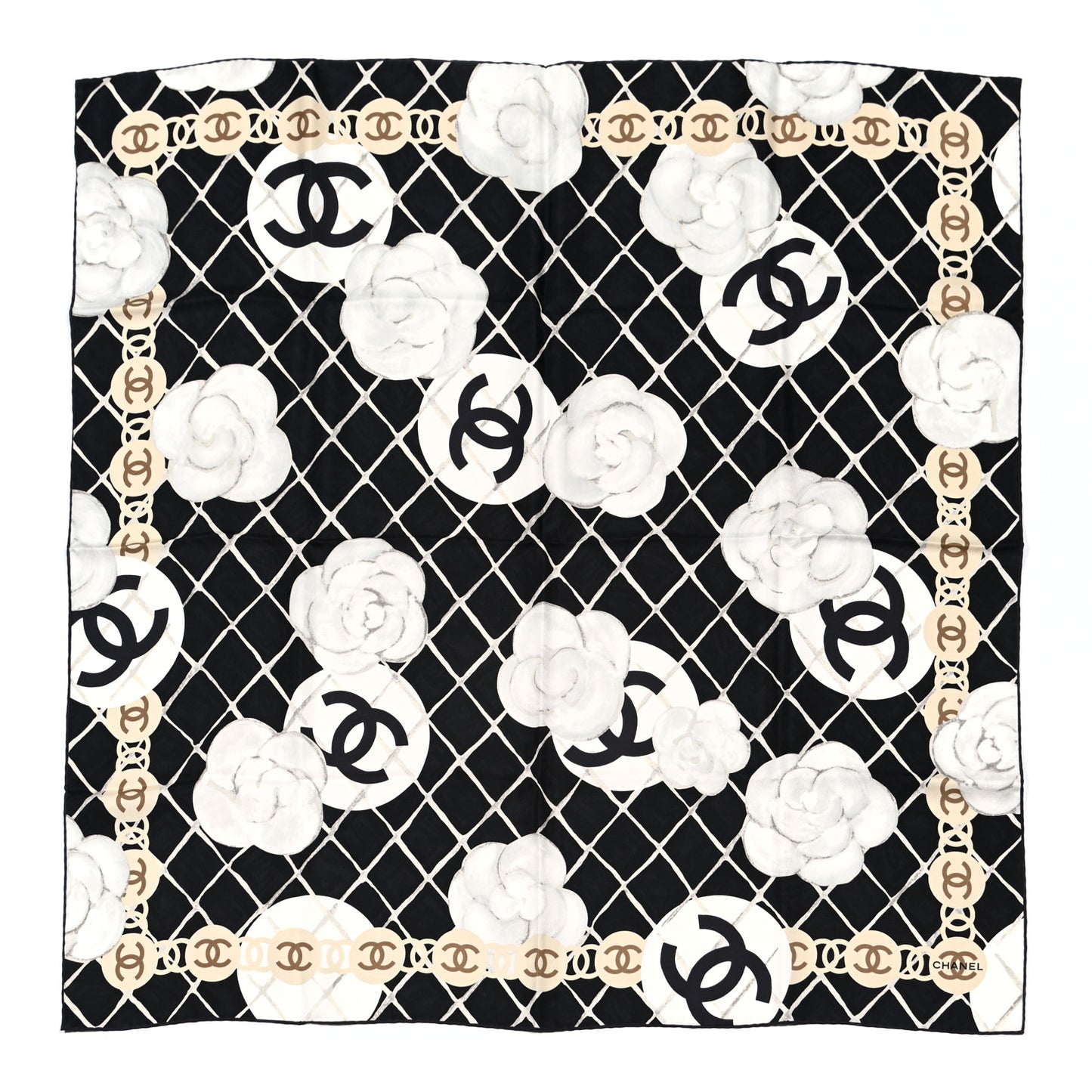 Silk CC Logo Camellia Scarf White Black