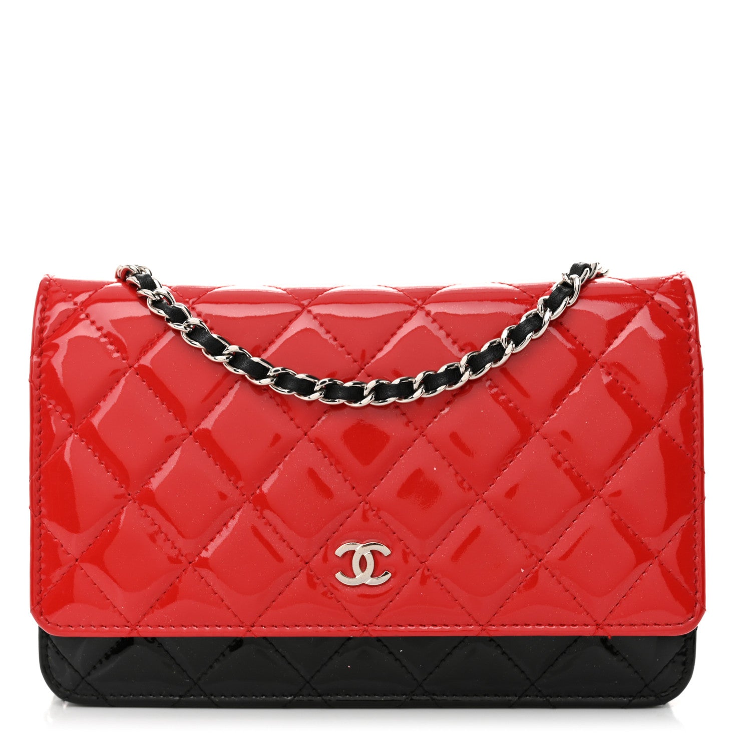 Chanel Patent Quilted Bi-Color Wallet On Chain WOC Red Black 1 of 11