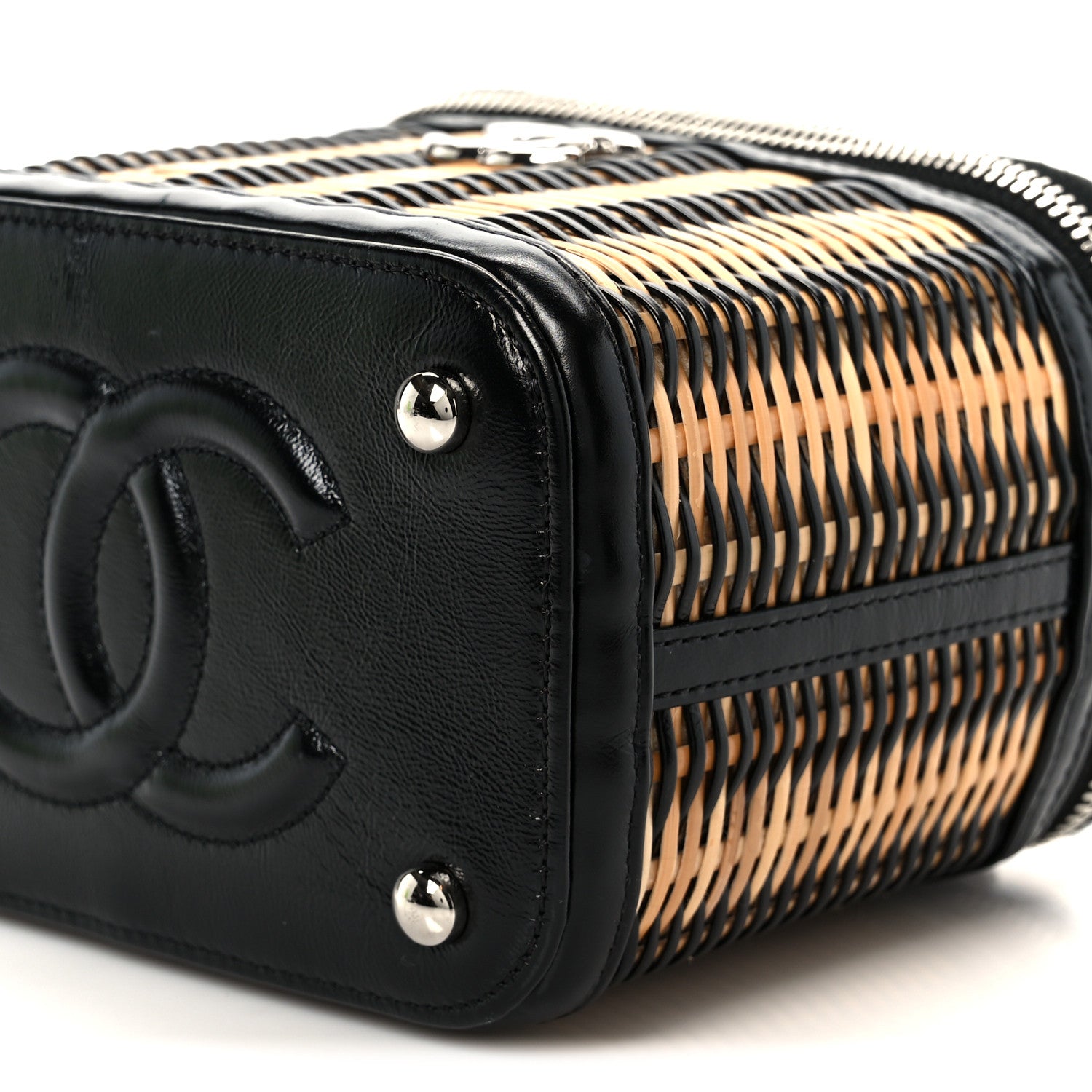 Chanel Calfskin Raffia Small Vanity Case Bag Black Beige 1807604