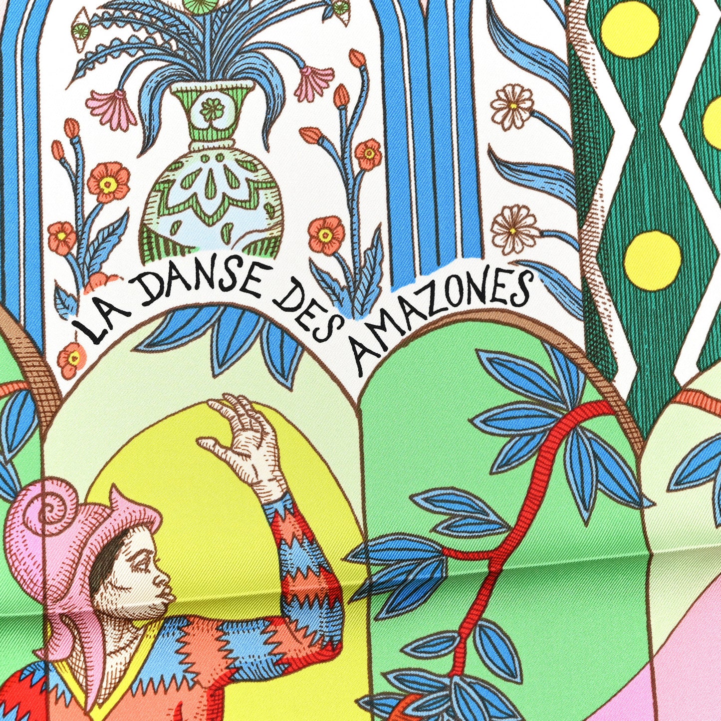 Silk La Danse Des Amazones Scarf 90 Vert D'Eau Rose Jaune