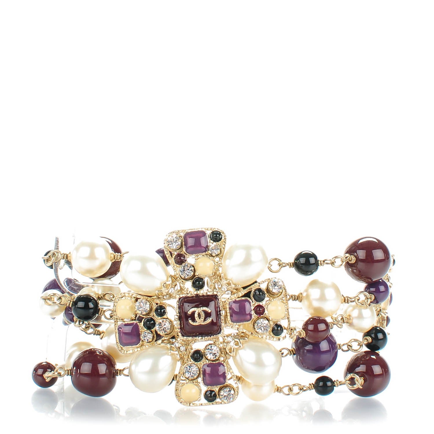 Chanel Pearl Crystal Bead CC Bracelet Purple Black Gold 1 of 4