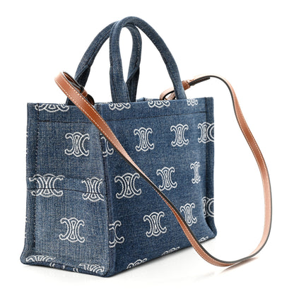 Celine Denim Calfskin Triomphe Print Cabas Blue Tan 3 of 9